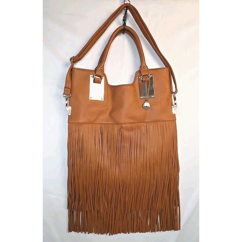 Big Buddha Fringe Shoulder Bag Cognac Brown Faux Leather Gold Accents Western